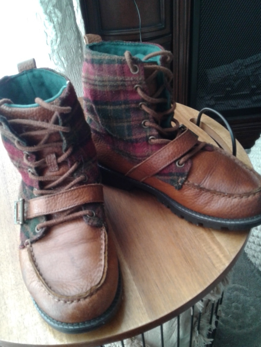 Polo by Ralph Lauren Brown Leather & Plaid Lace-Up Boots